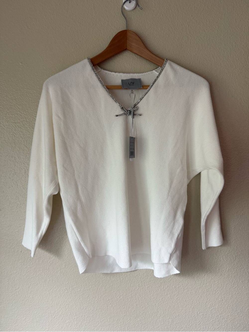 LIV Milano Cream Top with Silver Studded V-Neck Tie